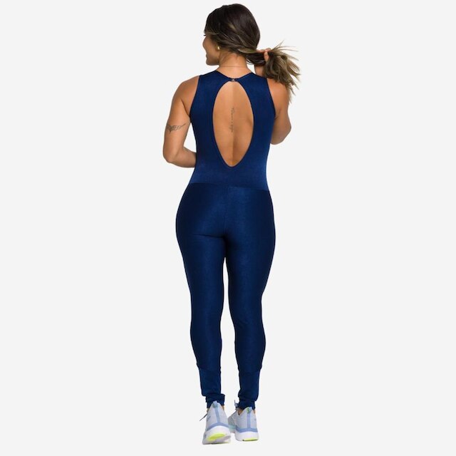 Macacão Fitness Feminino Virginia Longo Canelado Costas Nuas Sem Bojo Academia
