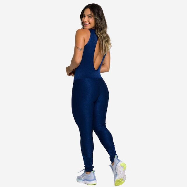 Macacão Fitness Feminino Virginia Longo Canelado Costas Nuas Sem Bojo Academia