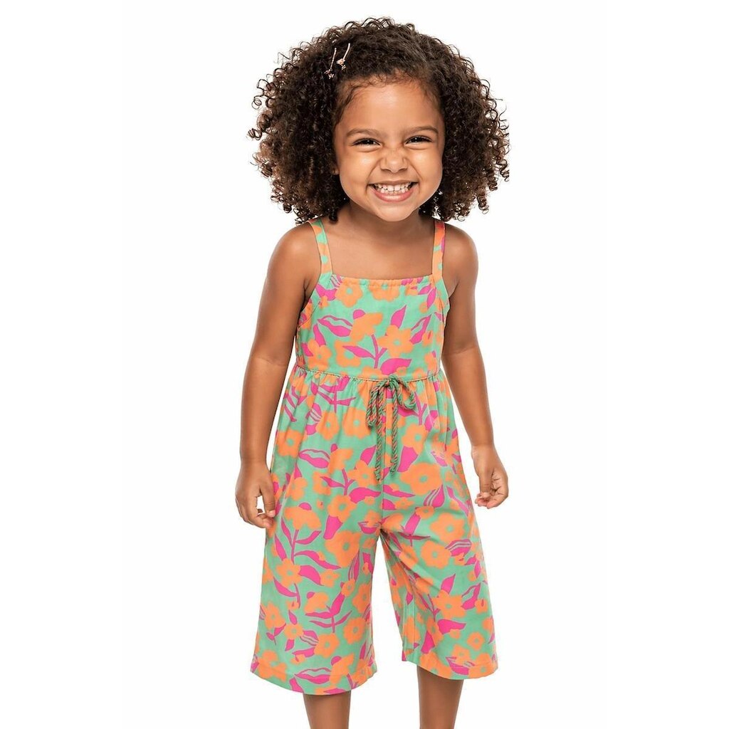 Macacão Infantil Menina Menina Flores Alphabeto Verde e Rosa