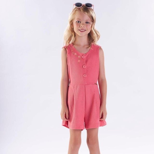 Macacão Infantil Menina Verão em Jacquard Coral Tam 6 a 12 - Kiki Xodó