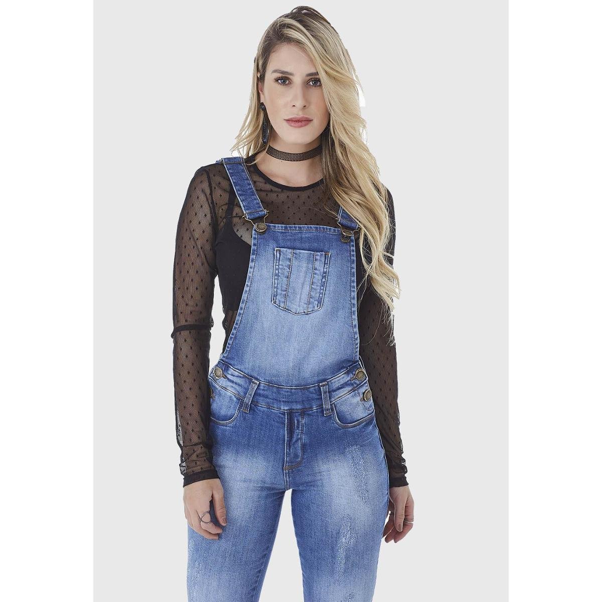 Macacão Jardineira HNO Jeans Azul - Azul Menor preço em Macacão Jardineira HNO Jeans Azul - Azul