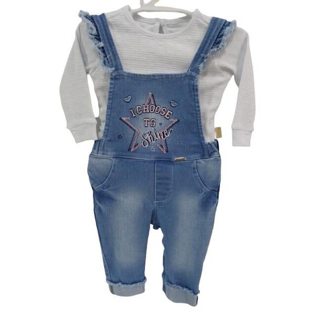 Macacão Jardineira Jeans Bebê Menina + Body Paraiso Rf 12978