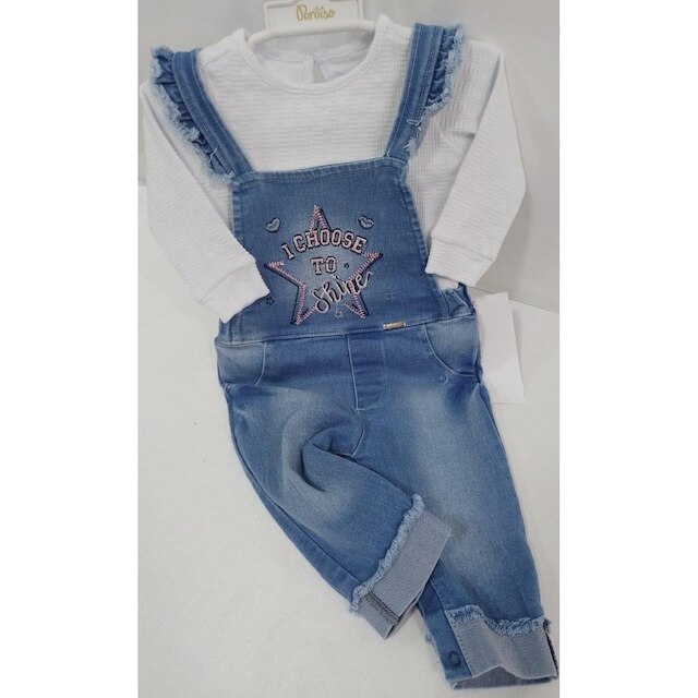 Macacão Jardineira Jeans Bebê Menina + Body Paraiso Rf 12978