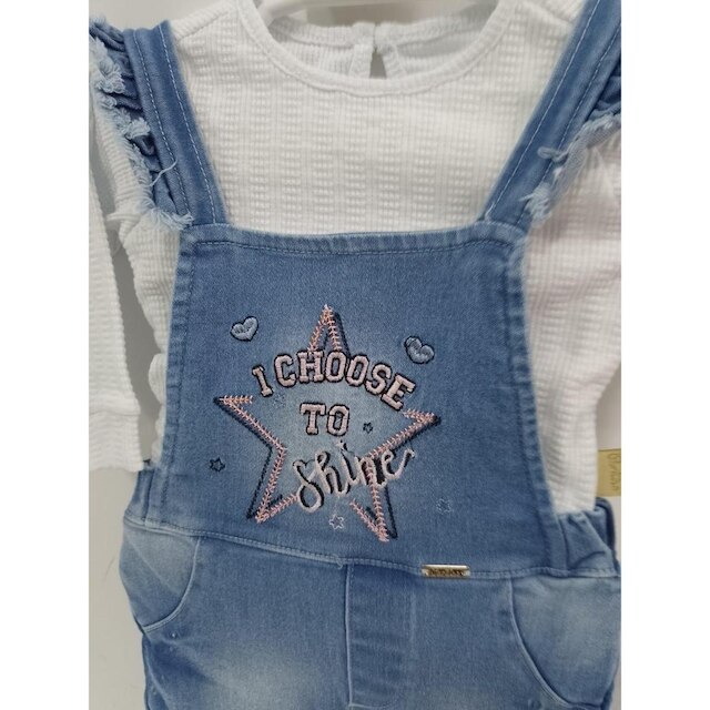 Macacão Jardineira Jeans Bebê Menina + Body Paraiso Rf 12978