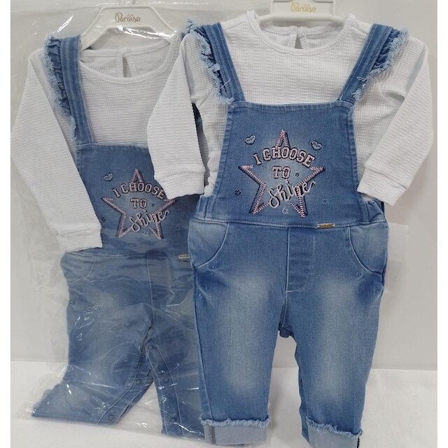 Macacão Jardineira Jeans Bebê Menina + Body Paraiso Rf 12978