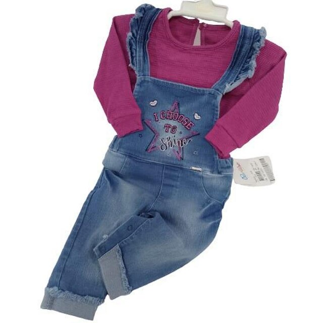 Macacão Jardineira Jeans + Body Bebê Menina Paraiso Rf 12978