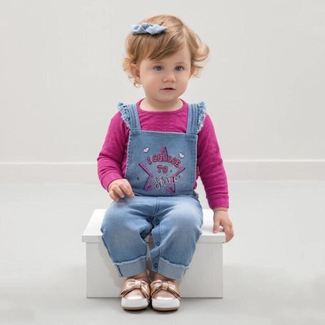 Macacão Jardineira Jeans + Body Bebê Menina Paraiso Rf 12978