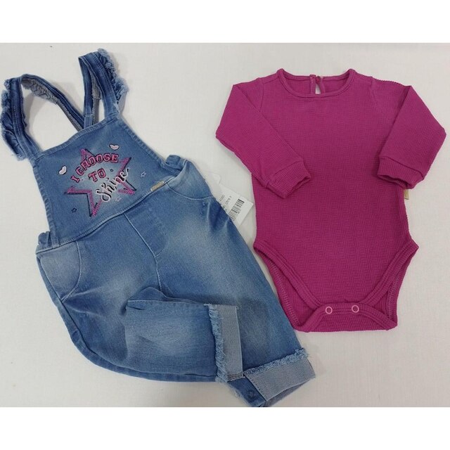 Macacão Jardineira Jeans + Body Bebê Menina Paraiso Rf 12978