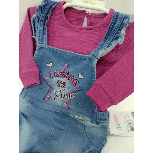 Macacão Jardineira Jeans + Body Bebê Menina Paraiso Rf 12978