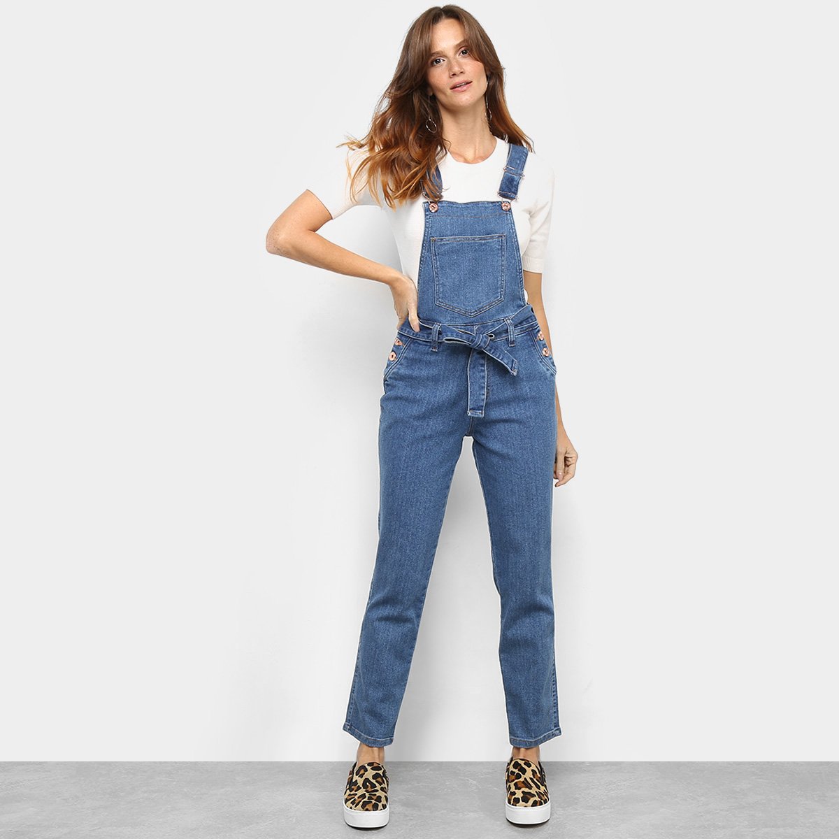 Macacão Jeans Biotipo Longo Com Amarração Feminino - Azul Menor preço em Macacão Jeans Biotipo Longo Com Amarração Feminino - Azul