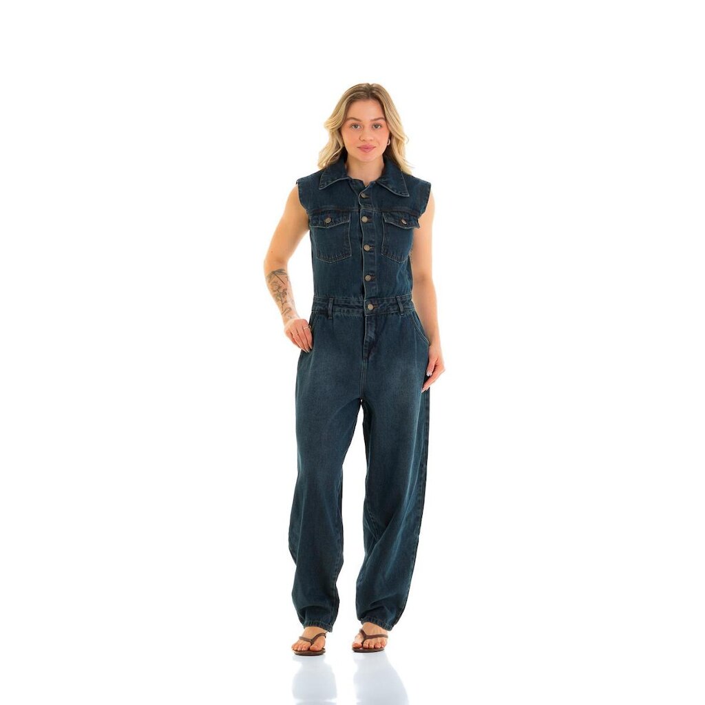 Macacão Jeans Feminino Arauto Balloon Brown
