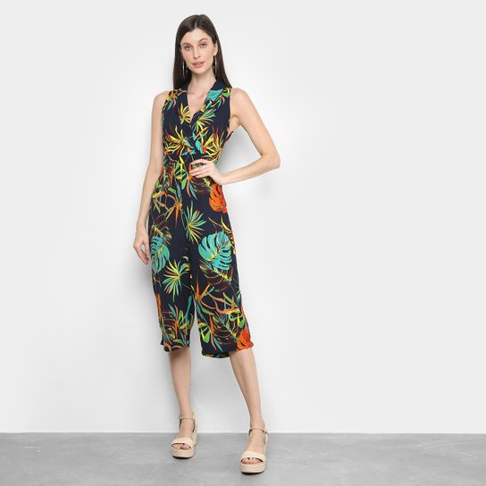 Macacão Lily Fashion Pantacourt Tropical Feminino - Marinho