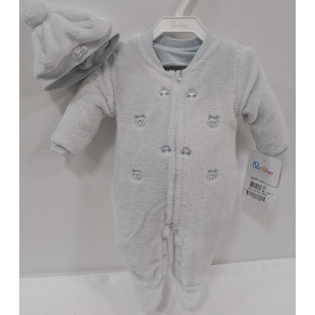 Macacão Longo Bordado Bebê Menino Paraiso + Touca Ref 12941 - Azul pastel - G ( 6 - 9 MESES )