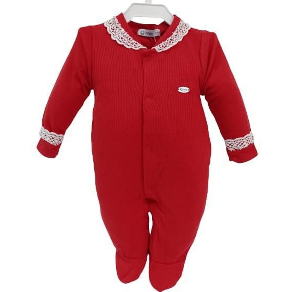 Macacão Longo Canelado Renda Luxo Bebê Menina Zafielo Rf 546 - Vermelho - G ( 6 - 9 MESES )