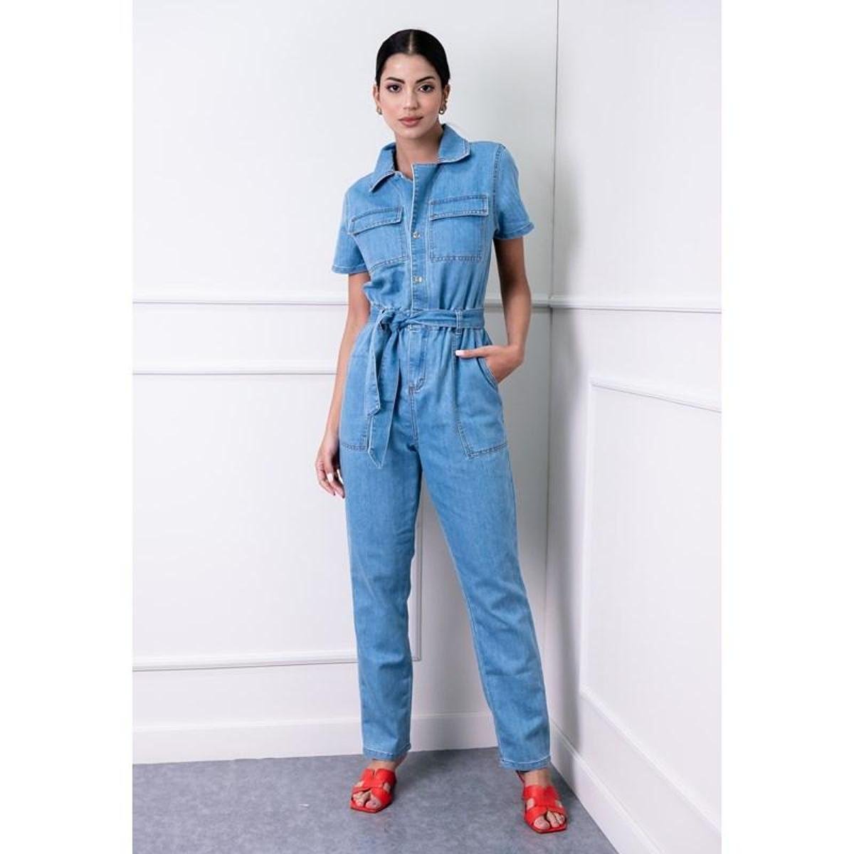 Macacão Longo em Jeans Liso com Manga Curta - Azul Menor preço em Macacão Longo em Jeans Liso com Manga Curta - Azul