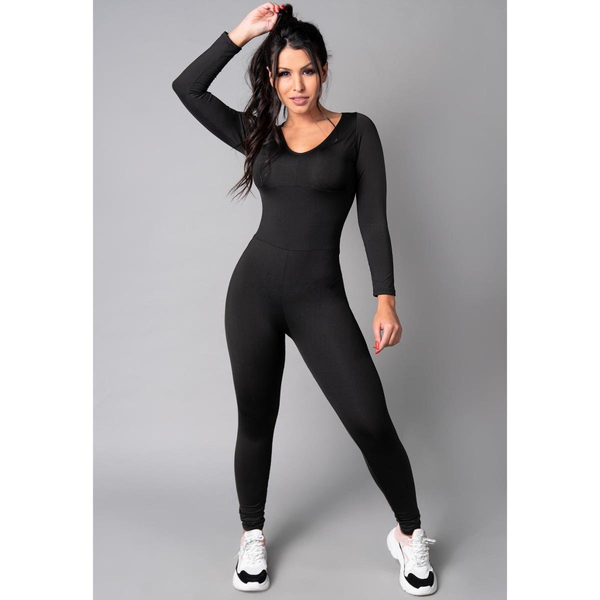 Macacão Longo Feminino 3/4 Costa Fechada Fitness Suplex Academia Mvb Modas - Preto Menor preço em Macacão Longo Feminino 3/4 Costa Fechada Fitness Suplex Academia Mvb Modas - Preto