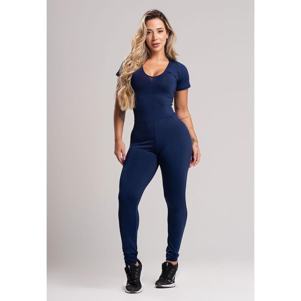 Macacão Longo Feminino Manga Curta Costa Fechada Fitness Suplex Mvb Modas