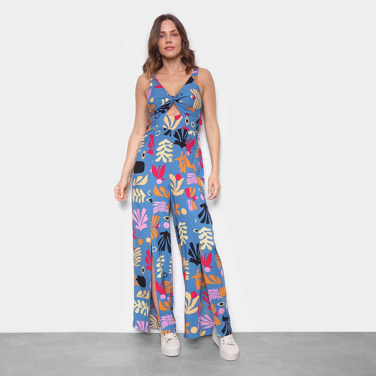Macacão Longo Mercatto Com Fendas Estampado Feminino - Azul Menor preço em Macacão Longo Mercatto Com Fendas Estampado Feminino - Azul