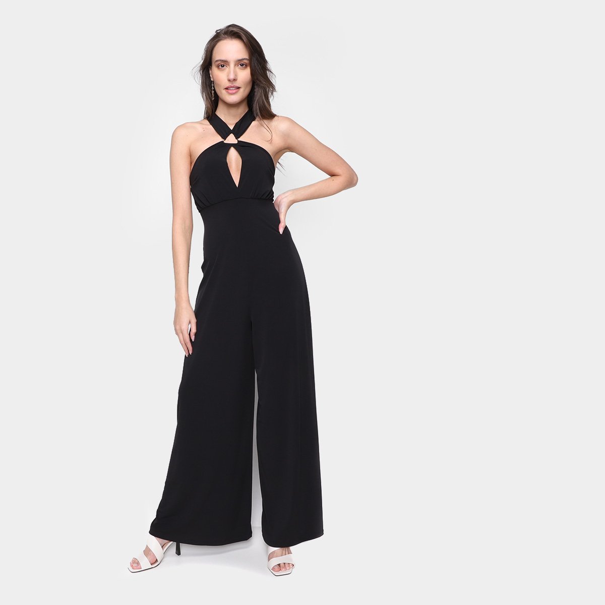 Macacão Longo Mercatto Liso Decote Feminino - Preto Menor preço em Macacão Longo Mercatto Liso Decote Feminino - Preto