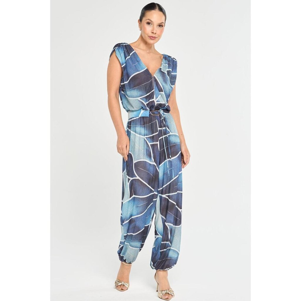 Macacão Longo PKSem Tule Estampado Azul com Cinto