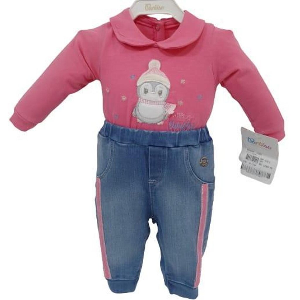 Macacão Malha Bordado Luxo Bebê Menina Jeans Paraiso 12983