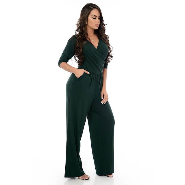 Macacão Pantalona Decote Transpassado B’Bonnie Florence Verde Musgo