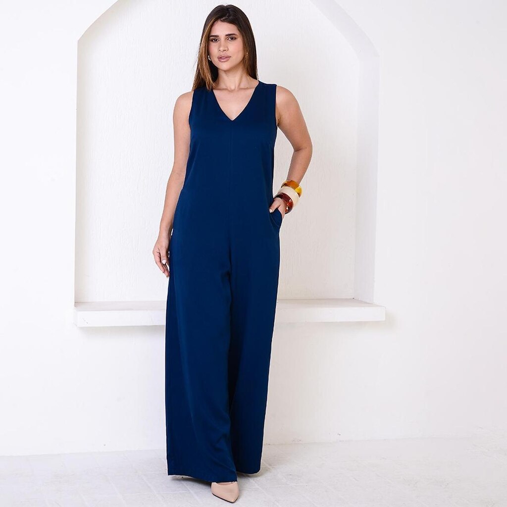 Macacão Pantalona Decote V BBonnie Bianca Azul Marinho
