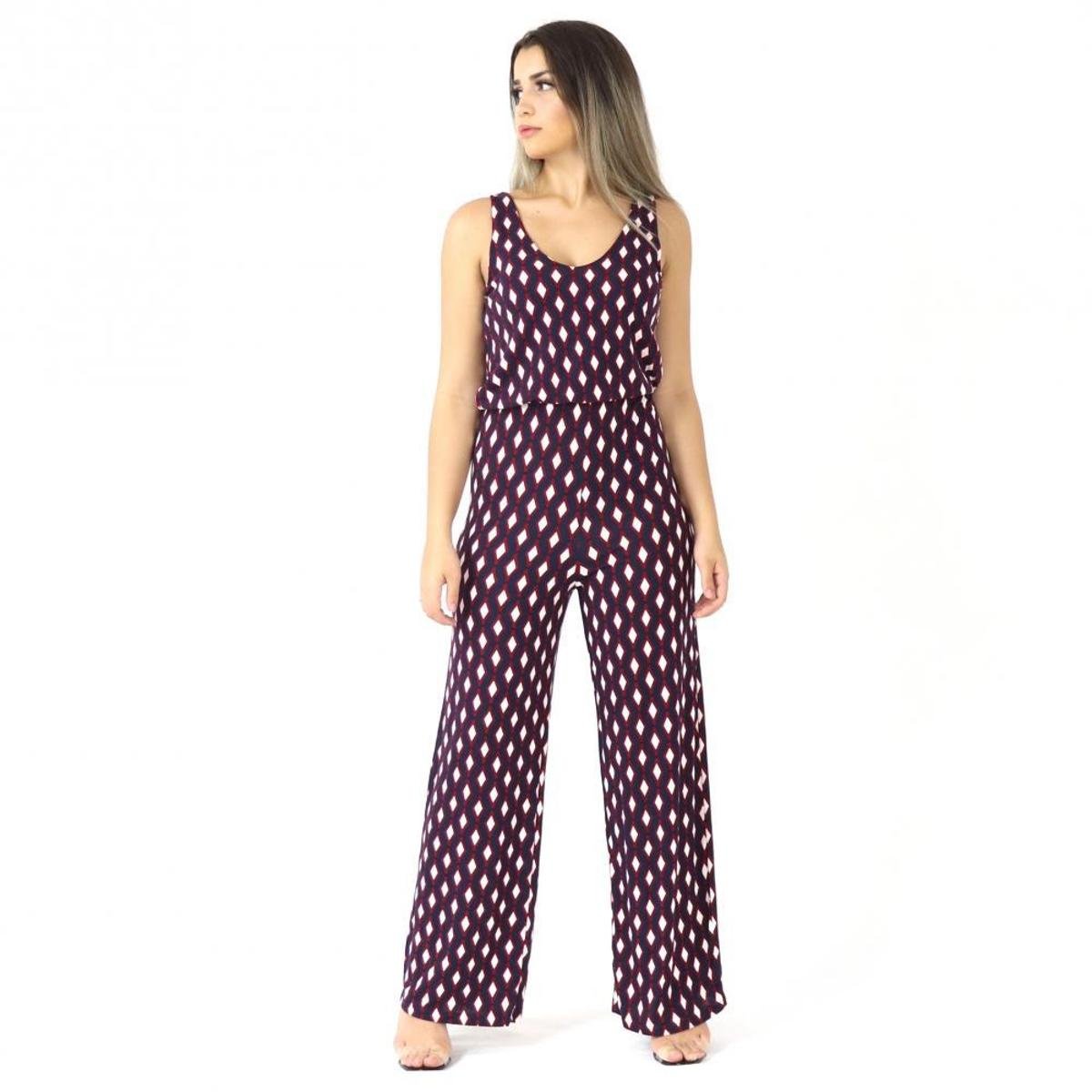 Macacão Pantalona Feminino Casual Estampado Alça Viscolycra - Vermelho Menor preço em Macacão Pantalona Feminino Casual Estampado Alça Viscolycra - Vermelho