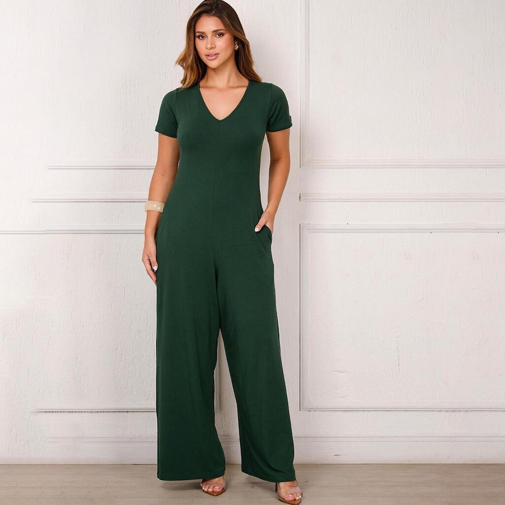 Macacão Pantalona M/C Bolsos BBonnie Esther Verde Musgo