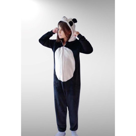 Macacão Pijama Fleece Kigurumi Cia da Malha Panda Infantil Cor:Preto;Tamanho:10