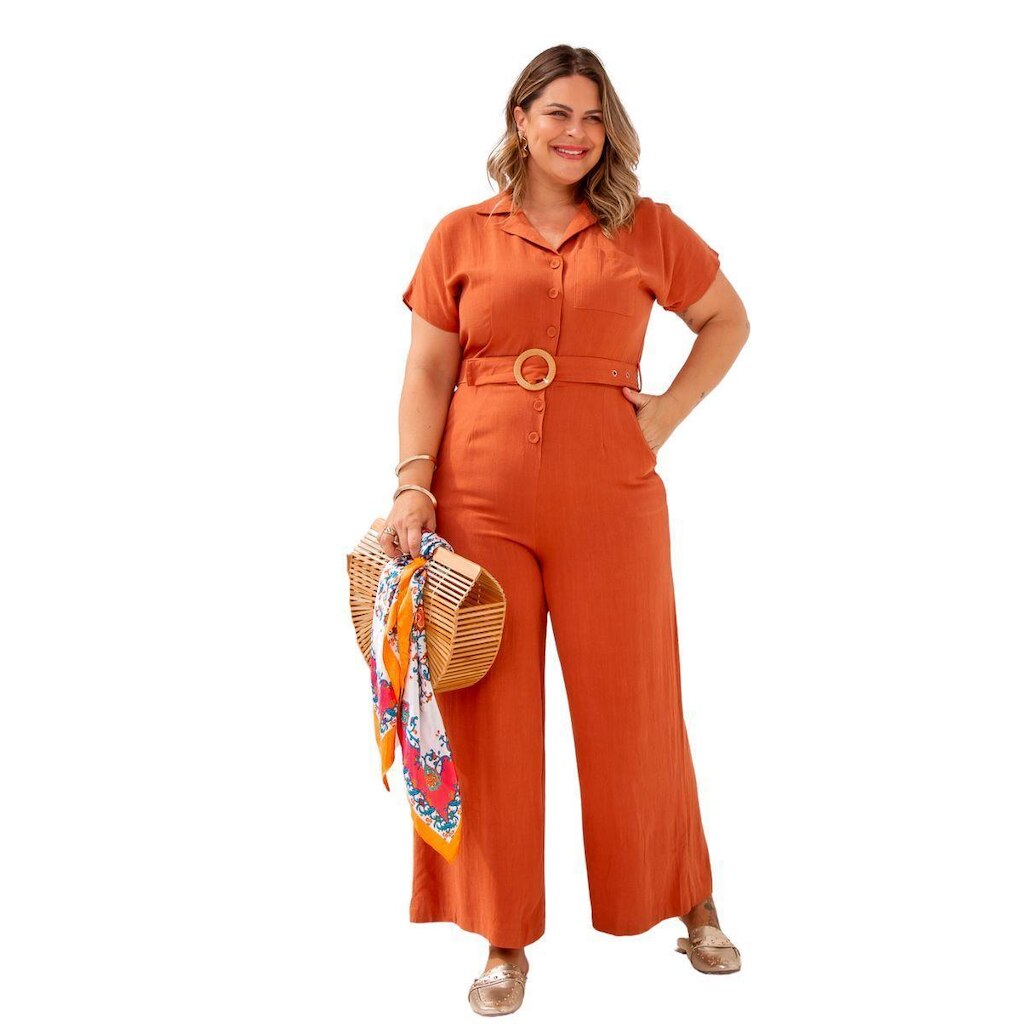 Macacão Plus Size longo feminino com cinto pantalona elegante em linho confortável