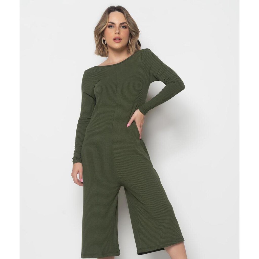 Macacão Salvatore Fashion Manga Longa Pantacourt Canelado Feminino
