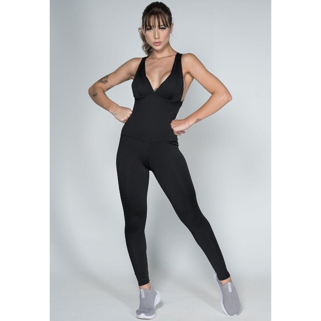 Macacão Vekyo Fitness Feminino Longo Suplex Liso Com Bojo Vick