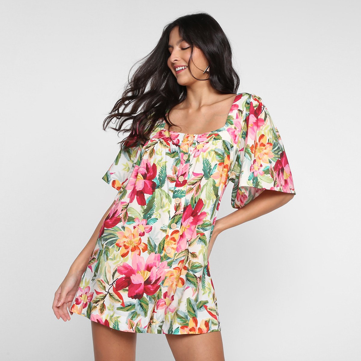 Macaquinho Farm Decote Quadrado Estampado Feminino - Estampado Menor preço em Macaquinho Farm Decote Quadrado Estampado Feminino - Estampado