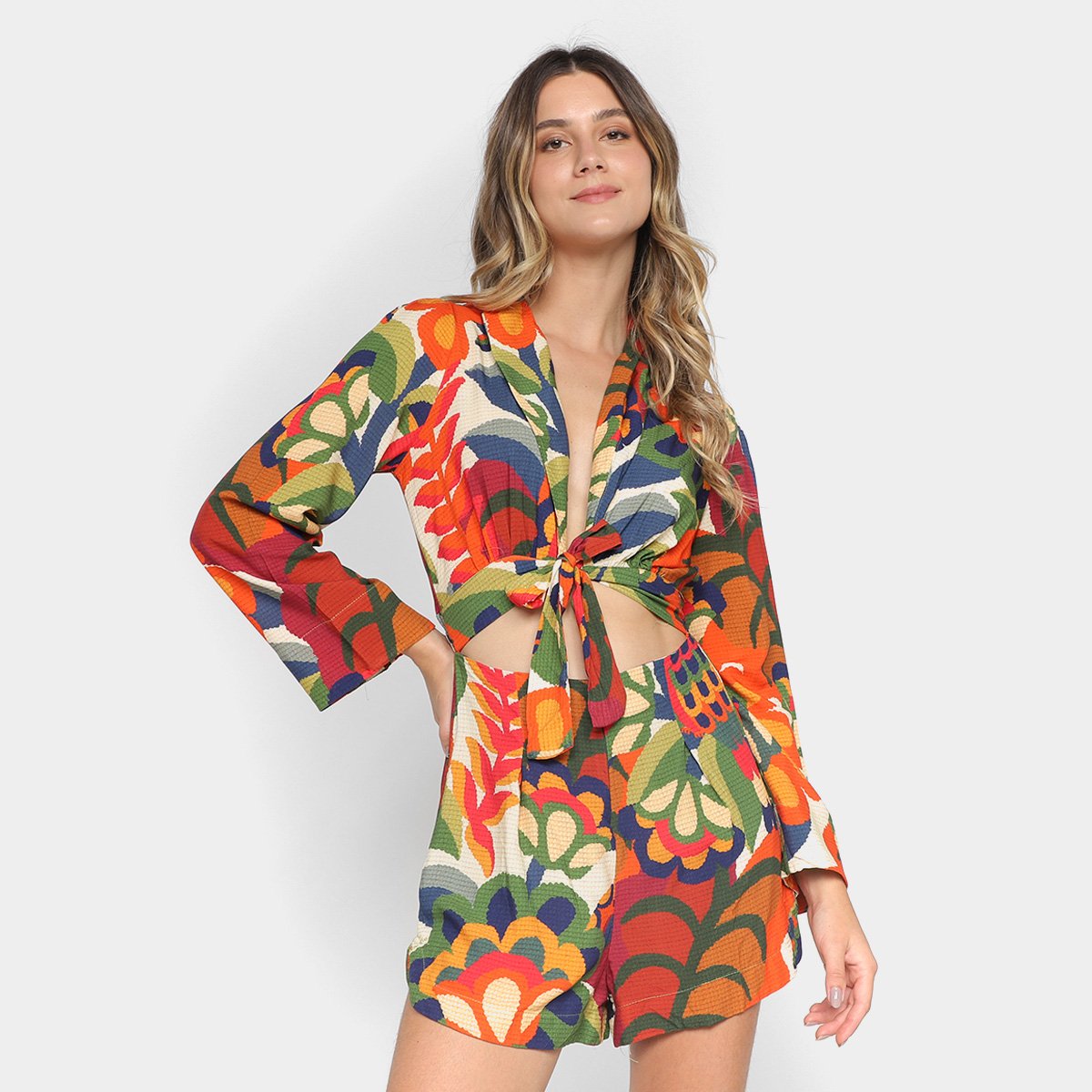 Macaquinho Farm Verão Manga Longa Feminino - Estampado Menor preço em Macaquinho Farm Verão Manga Longa Feminino - Estampado