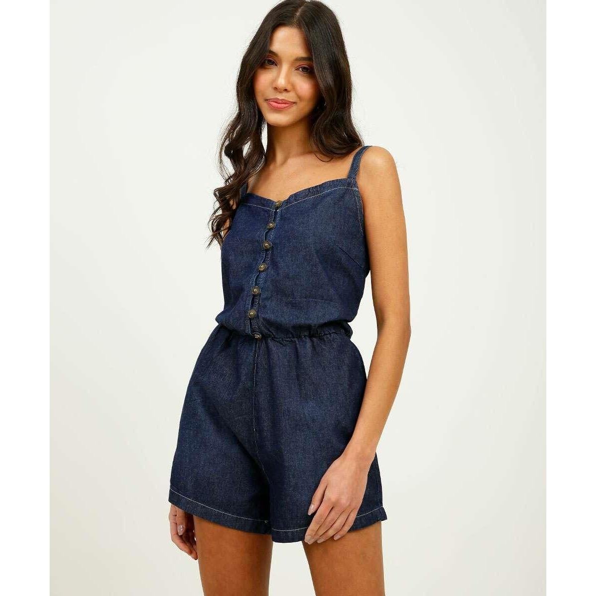 Macaquinho Feminino Jeans Botões Alças Finas - 10048487580 - Azul Escuro Menor preço em Macaquinho Feminino Jeans Botões Alças Finas - 10048487580 - Azul Escuro