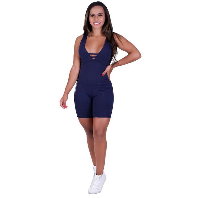 Macaquinho Fitness Feminino Curto Costa Cavada Suplex Bojo Orbis - MARINHO - Azul marinho, G