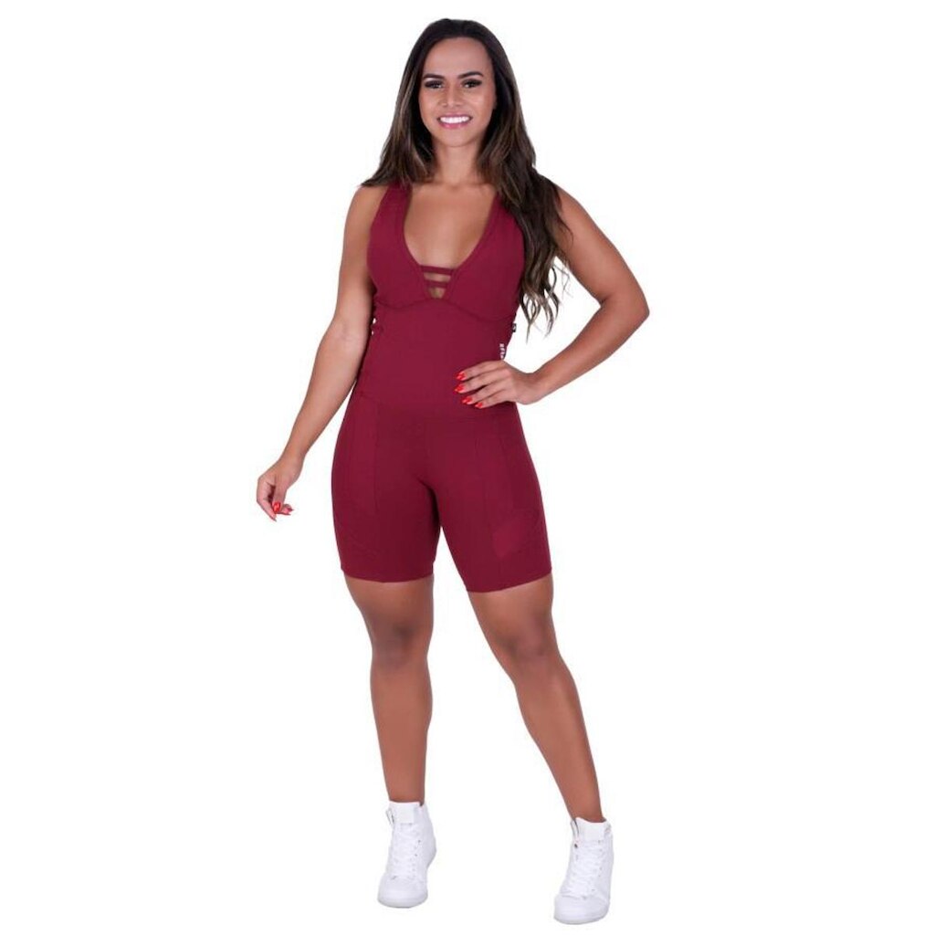 Macaquinho Fitness Feminino Curto Costa Cavada Suplex Bojo Orbis - VINHO - G, Vinho