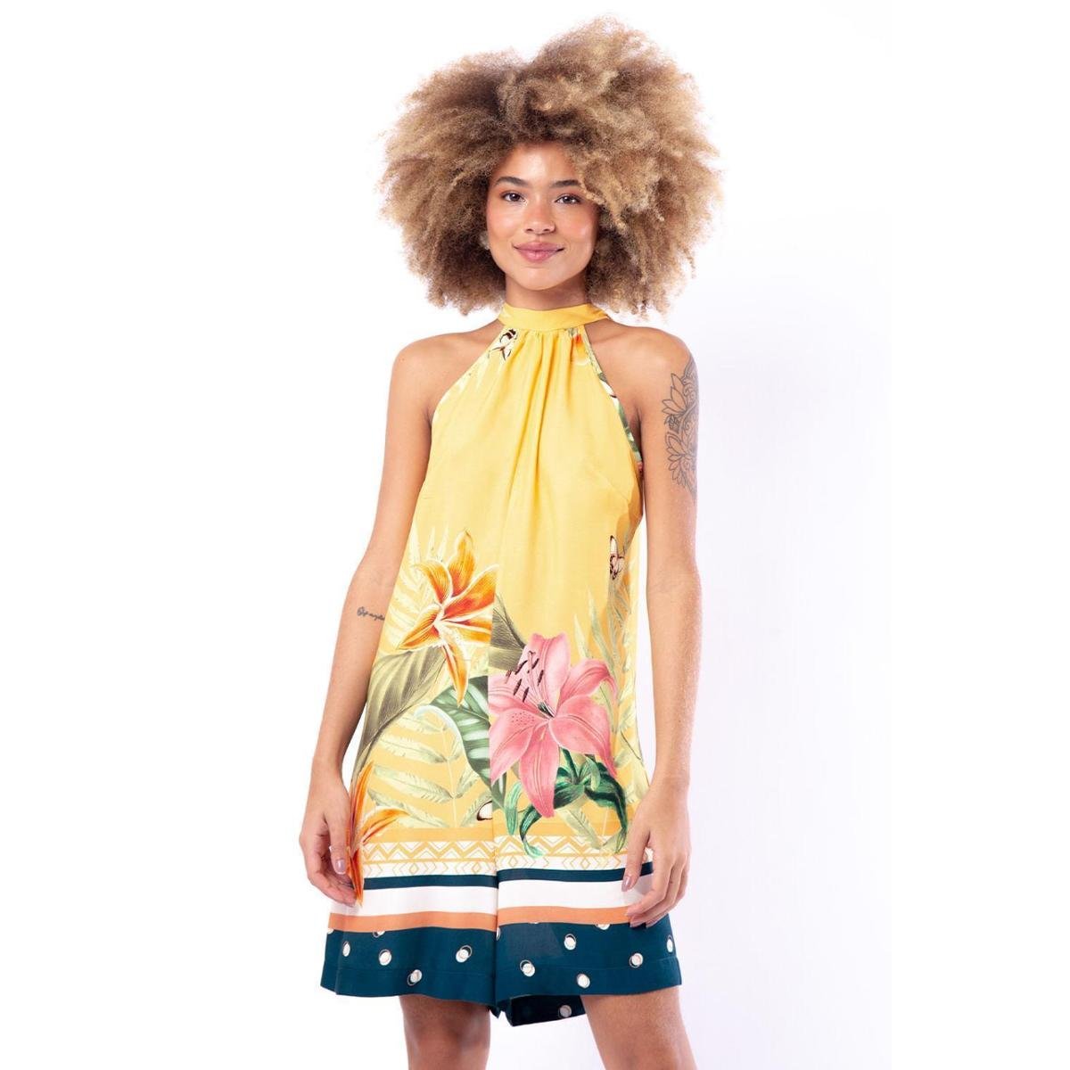 Macaquinho Gola Alta Est. Flor De Polka Feminino - Amarelo Claro Menor preço em Macaquinho Gola Alta Est. Flor De Polka Feminino - Amarelo Claro