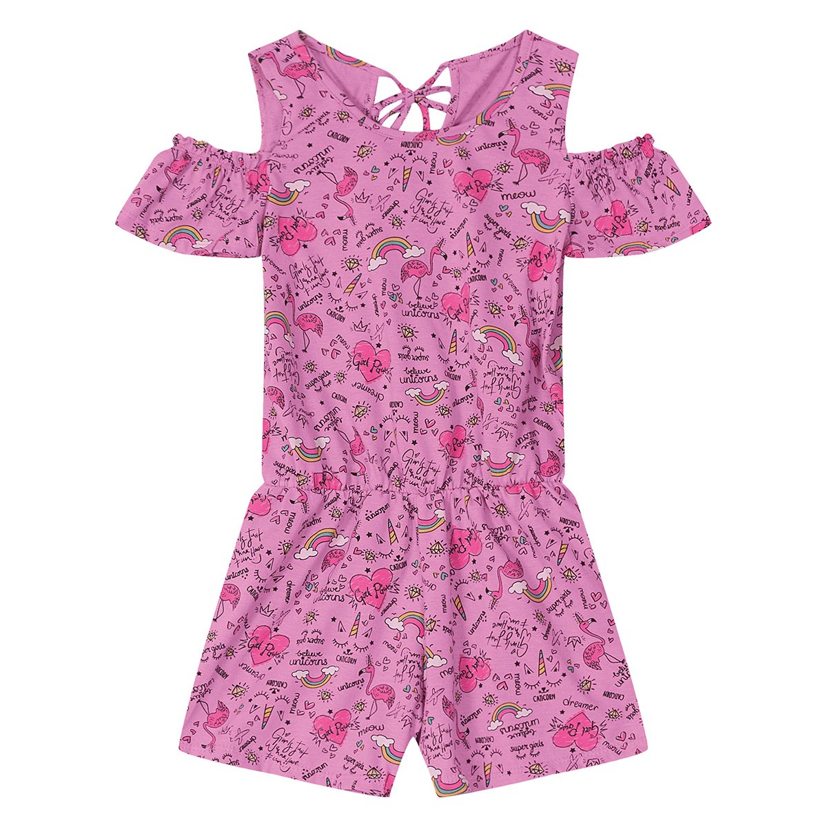 Macaquinho Infantil Meia Malha Flamingos Feminino - Lilás Menor preço em Macaquinho Infantil Meia Malha Flamingos Feminino - Lilás