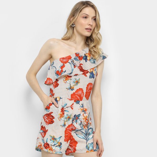 Macaquinho Lily Fashion Xadrez Ombro Único Babado Feminino - Bege