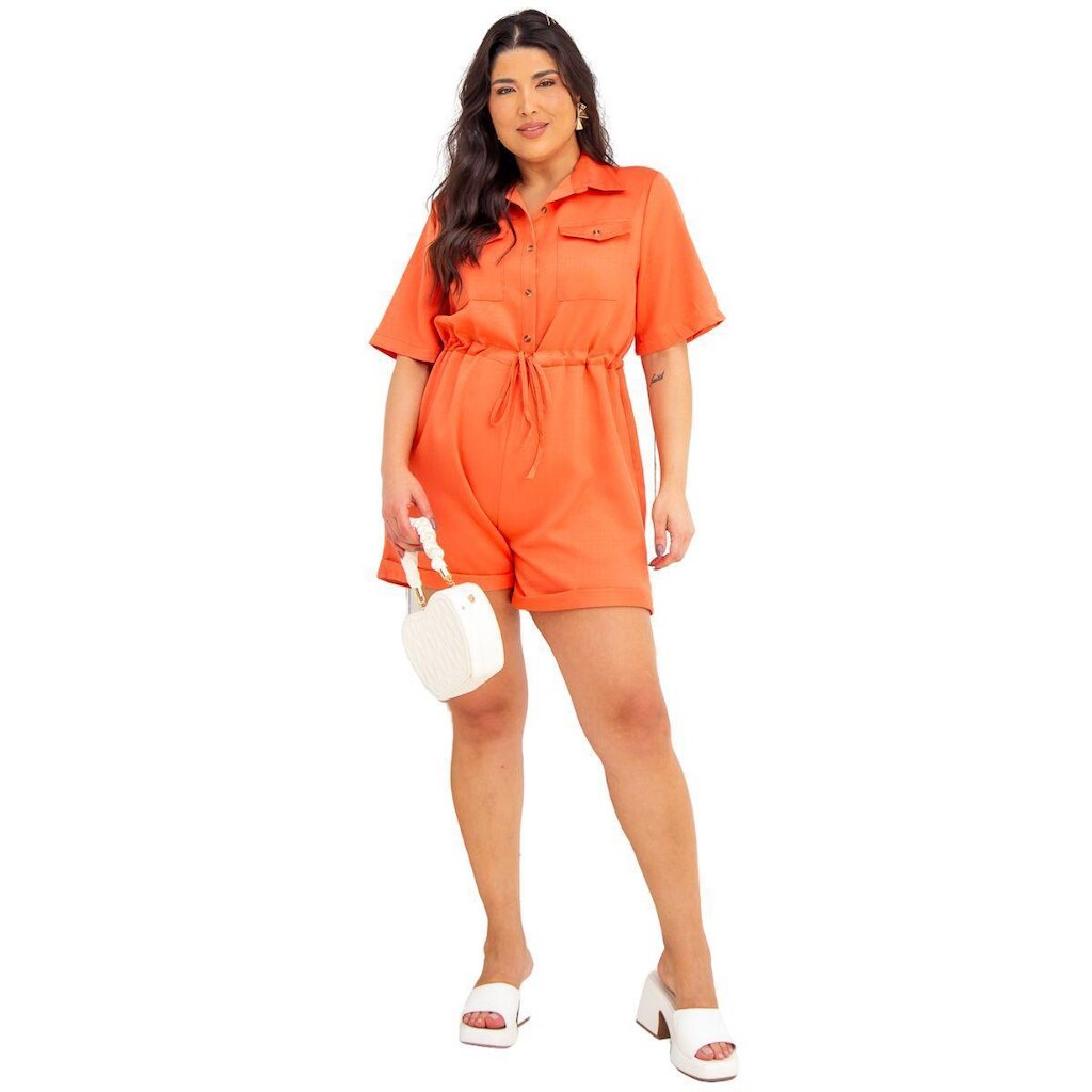 Macaquinho Plus Size Feminino em Linho Casual Chic Utilitário Moda Fashion