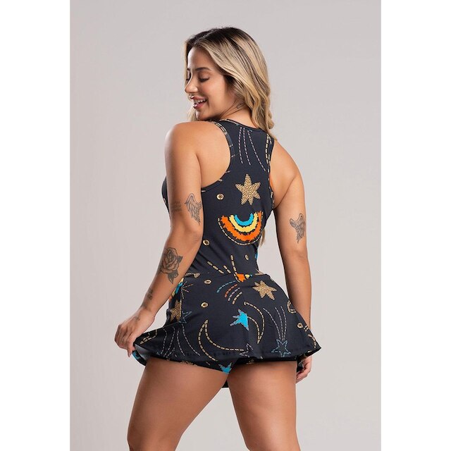 Macaquinho Vestido Curto Fitness Short Saia Estampado Mvb Modas