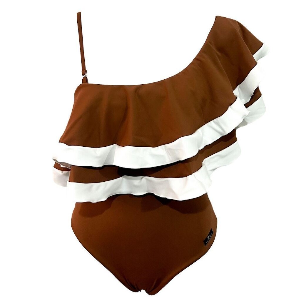 Maiô Adulto Body Ciganinha Mula Manca Um Ombro Babado Duplo Marrom e Branco Proteção Uv