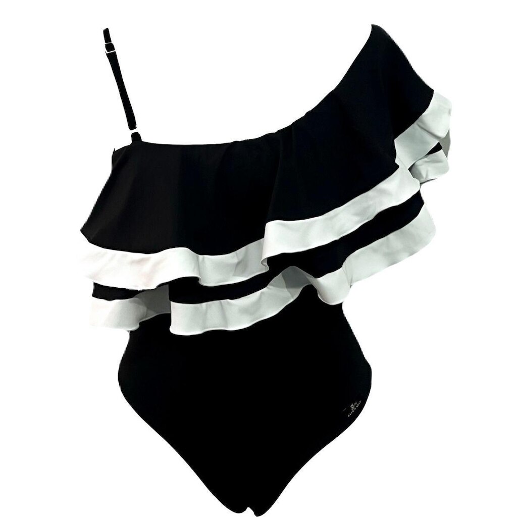 Maiô Adulto Body Ciganinha Mula Manca Um Ombro Babado Duplo Preto e Branco Proteção Uv