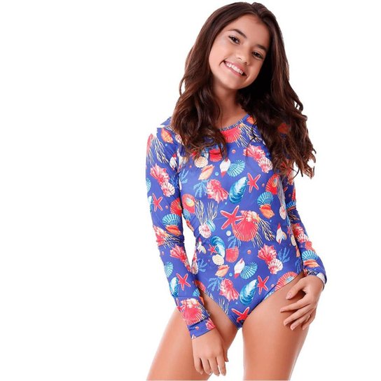 Maiô Infantil Cecí Manga Longa de Amarrar Nas Costas - Azul