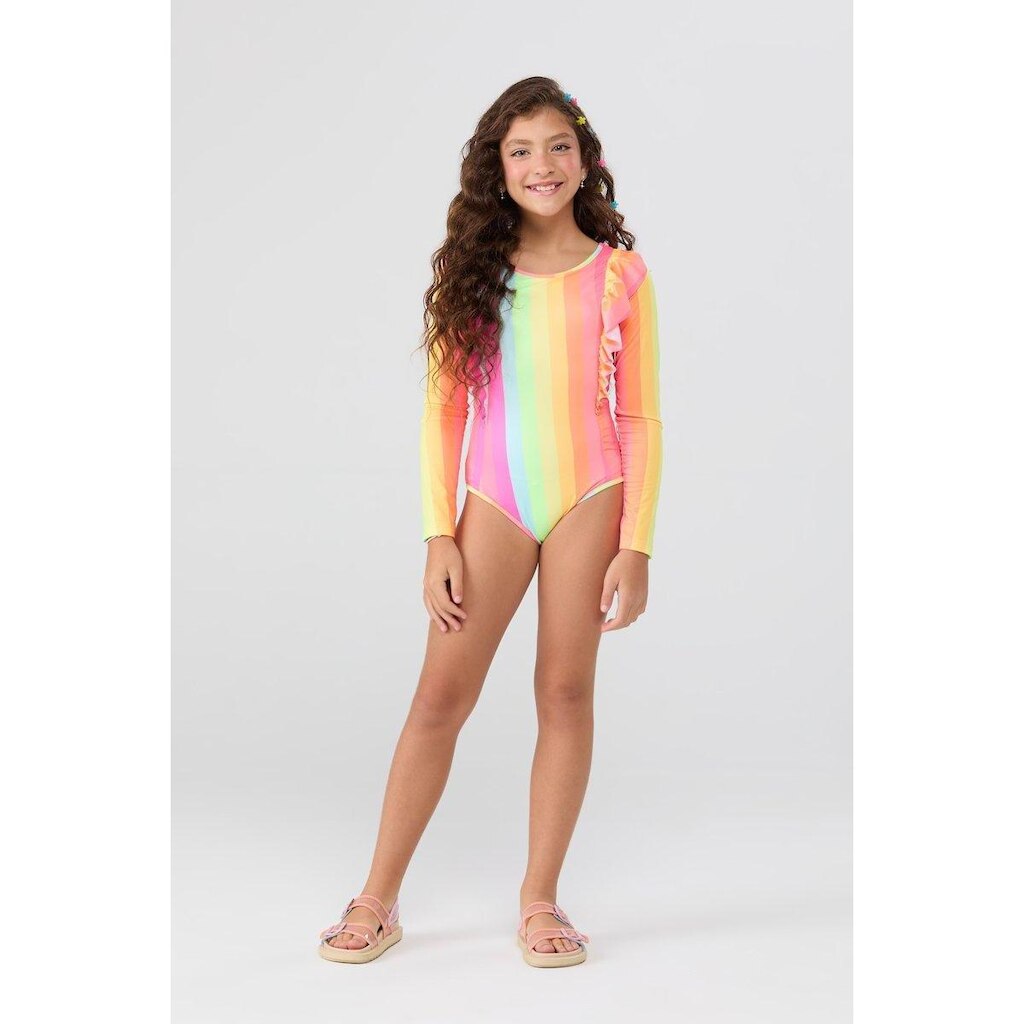 Maiô Infantil Feminino UV50+ Manga Longa Babado Listras