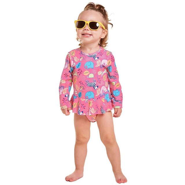 Maiô Manga Longa Bebê e Infantil Safari Rosa Tip Top