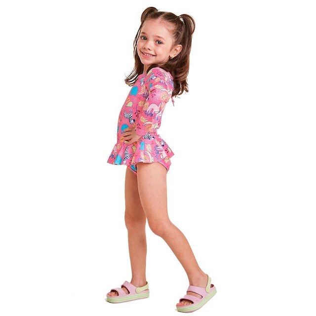 Maiô Manga Longa Bebê e Infantil Safari Rosa Tip Top