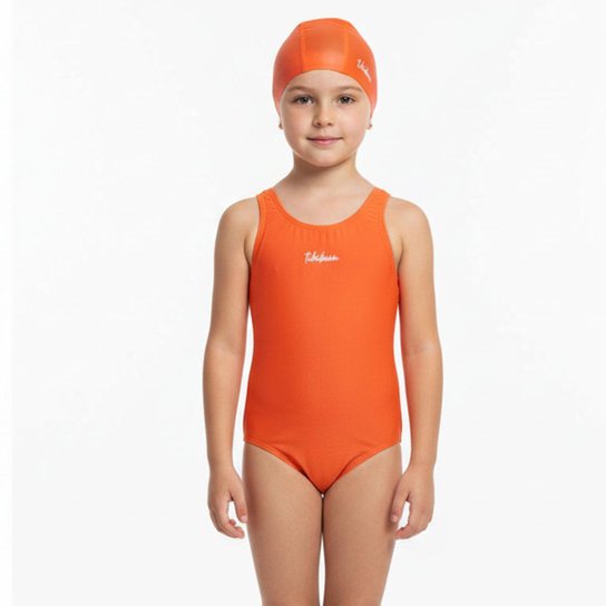 Maiô Natação Infantil com Touca Proteção UV50+ Laranja Neon Kamylus